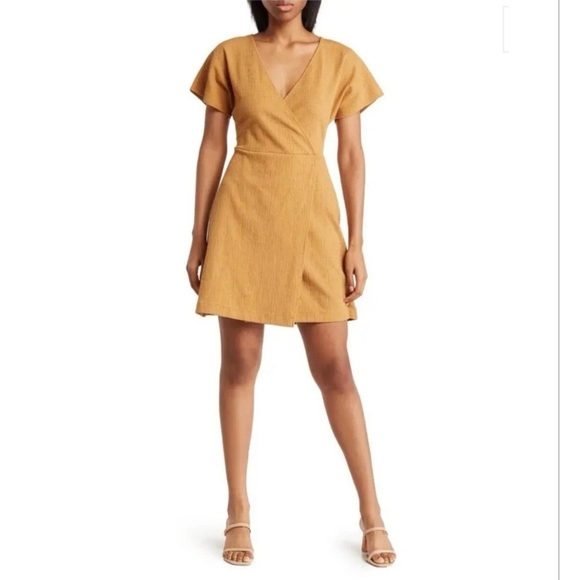 Madewell Cross Front Flutter Sleeve Mini Dress Toffee Mustard Brown V-Neck XS - Picture 1 of 14
